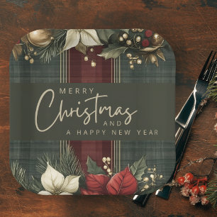 Elegant Plaid & Poinsettia Merry Christmas Holiday Paper Plate