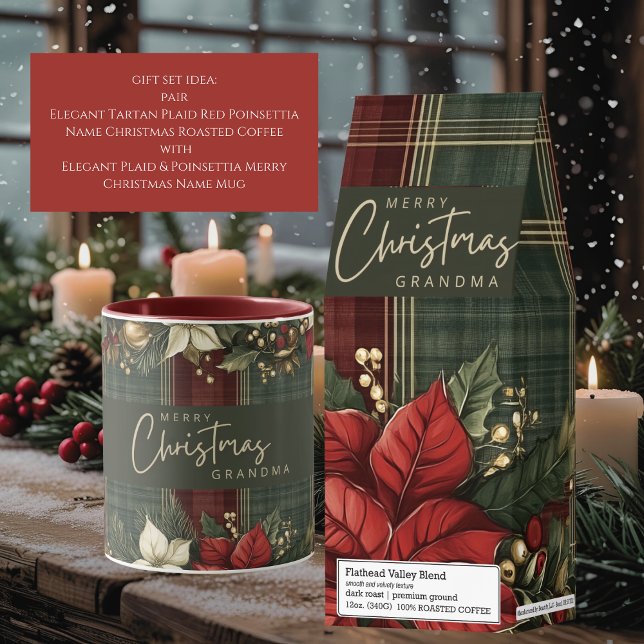Elegant Plaid & Poinsettia Merry Christmas Name Mug (Creator Uploaded)