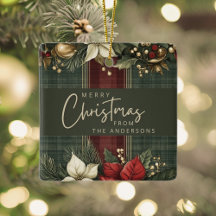 Elegant Plaid Poinsettia Name Merry Christmas