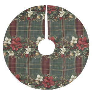 Elegant Plaid & Poinsettias Christmas Holiday Brushed Polyester Tree Skirt