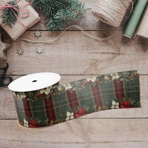 Elegant Plaid & Poinsettias Christmas Holiday Satin Ribbon