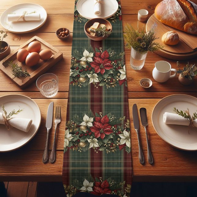 Elegant Plaid Poinsettias Christmas Holiday Short Table Runner (Creator Uploaded)