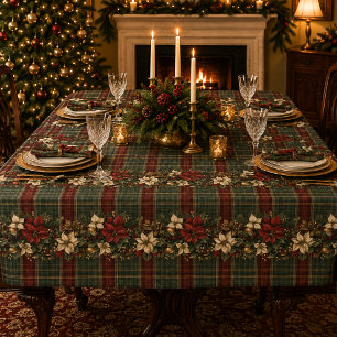 Elegant Plaid Poinsettias Christmas Holiday Tablecloth