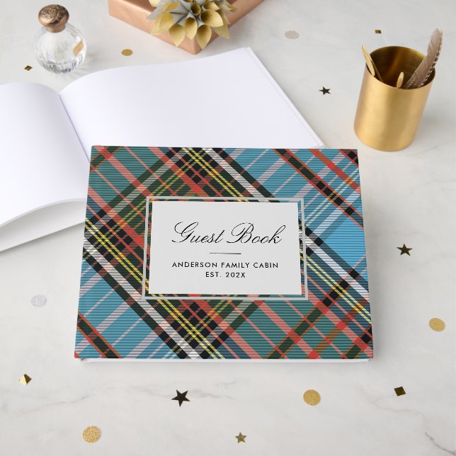 Elegant Plaid Rustic Family Cabin Tartan Guest Book (Front Open)