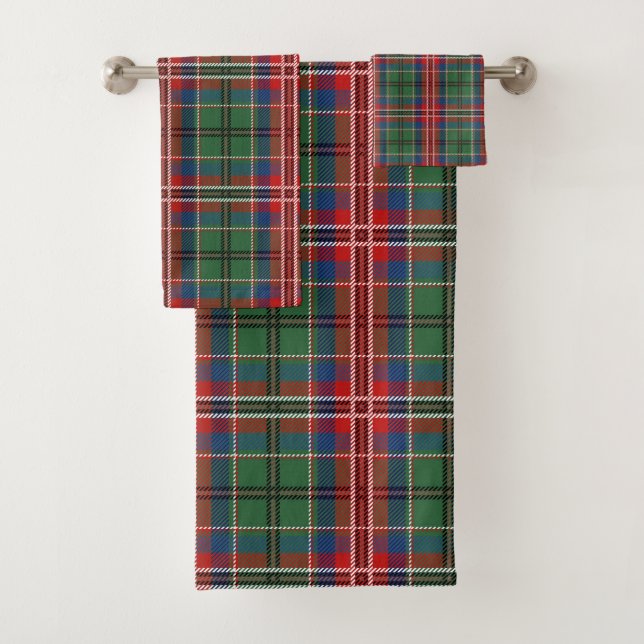 Elegant Plaid Rustic Green and Red Classic Tartan Bath Towel Set (Insitu)