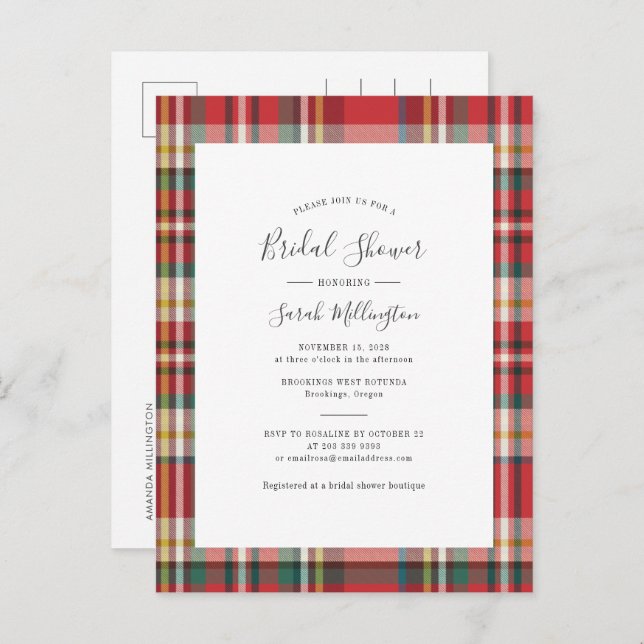 Elegant Plaid Rustic Modern Bridal Shower Invitation Postcard (Front/Back)