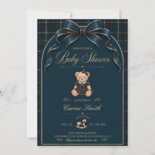 Elegant Plaid Teddy Bear Navy Gold Baby Shower Invitation