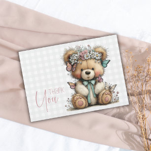 Elegant Plaid Teddy Floral Daisy Baby Shower Thank You Card