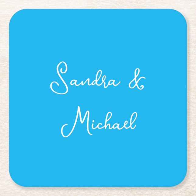Elegant Plain Azure Blue Personalised Custom Square Paper Coaster (Front)