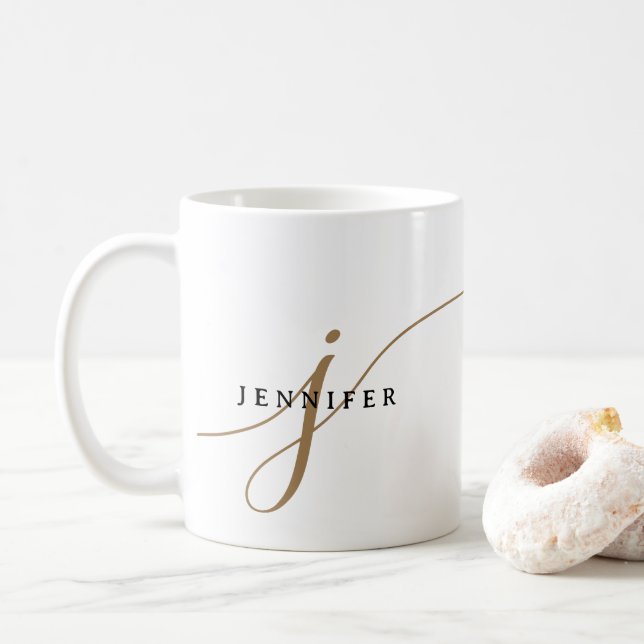 Elegant Plain Black and Gold Script Monogram Coffee Mug (With Donut)