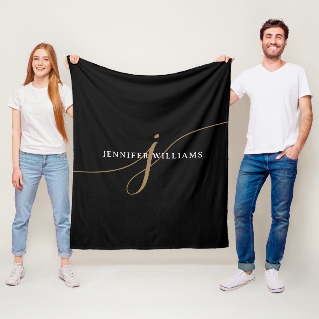Elegant Plain Black and Gold Script Monogram Fleece Blanket (In Situ)