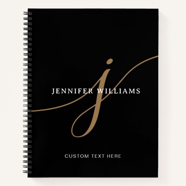 Elegant Plain Black and Gold Script Monogram Notebook (Front)