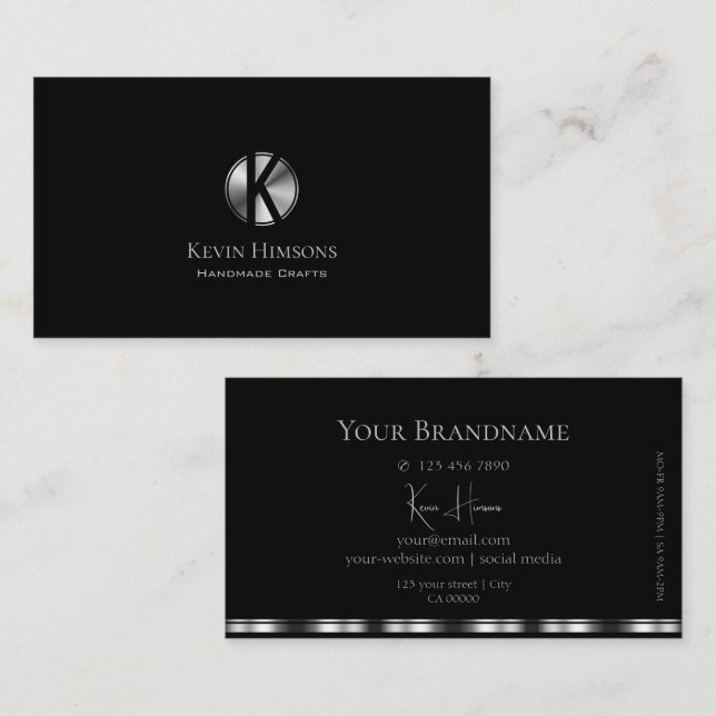 Elegant Plain Black and Silver with Monogram Chic Business Card (Front/Back)