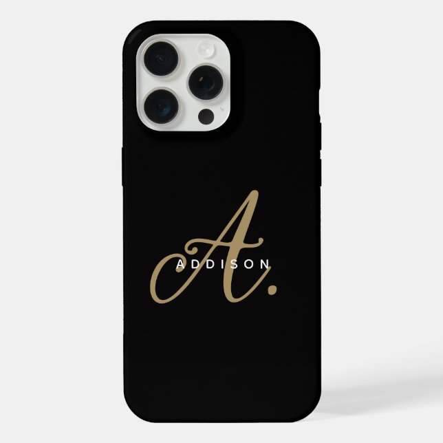 Elegant Plain Black Gold Script Monogram iPhone Case (Back)