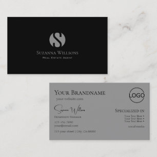 Elegant Plain Black Grey with Monogram and Logo Business Card