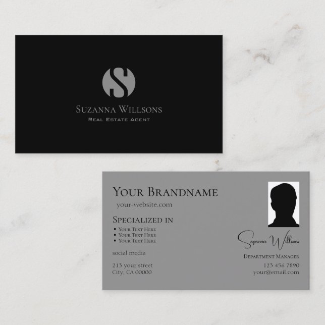 Elegant Plain Black Grey with Monogram and Photo Business Card (Front/Back)