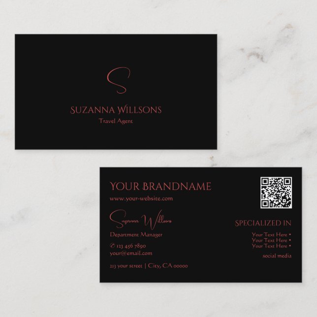 Elegant Plain Black Red with Monogram and QR-Code Business Card (Front/Back)