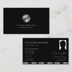 Elegant Plain Black Silver with Logo and Photo Business Card