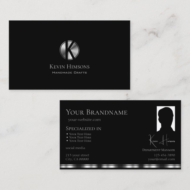 Elegant Plain Black Silver with Monogram and Photo Business Card (Front/Back)