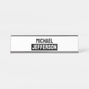 Elegant Plain Black White Personalised Custom Desk Name Plate