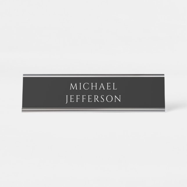 Elegant Plain Black White Personalised Custom Desk Name Plate (Front)