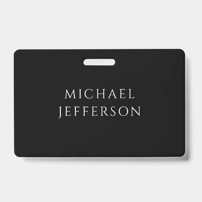 Elegant Plain Black White Personalised Custom ID Badge (Front)