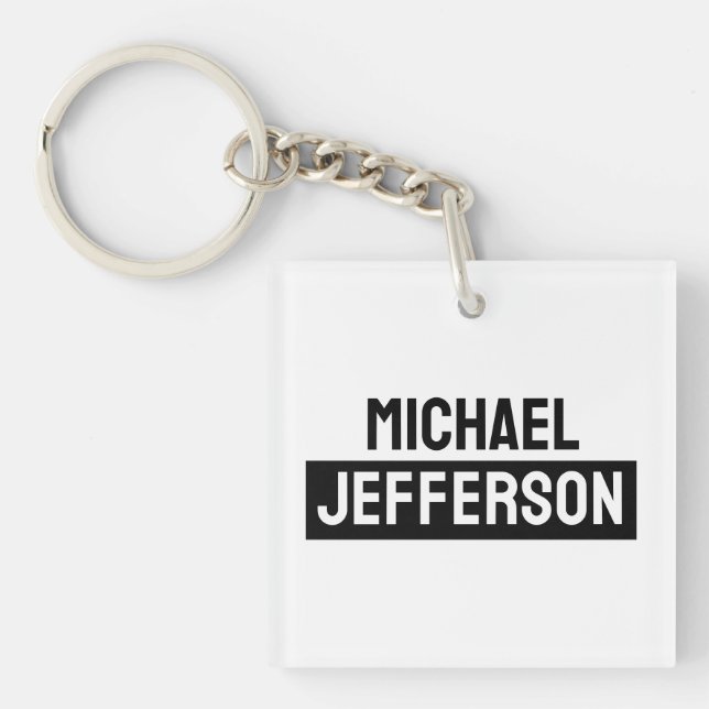 Elegant Plain Black White Personalised Custom Key Ring (Front)