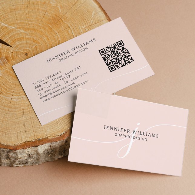 Elegant Plain Blush Pink Script Monogram QR Code Business Card (Creator Uploaded)
