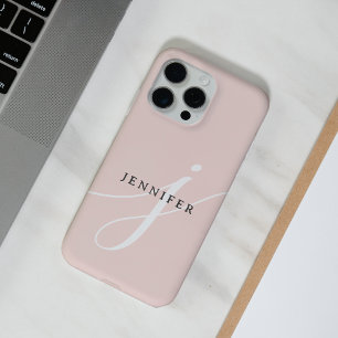 Elegant Plain Blush Pink White Script Monogram iPhone 15 Pro Max Case