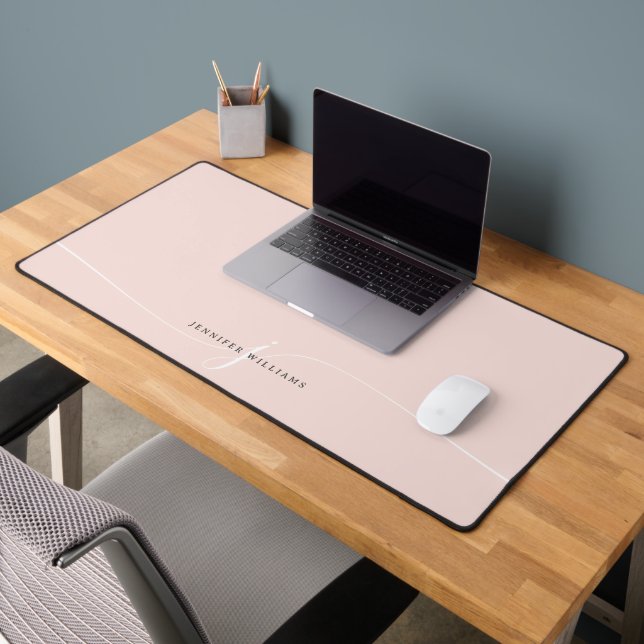 Elegant Plain Blush Pink White Script Monogram Desk Mat (Office 2)
