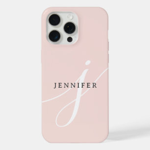 Elegant Plain Blush Pink White Script Monogram iPhone 15 Pro Max Case