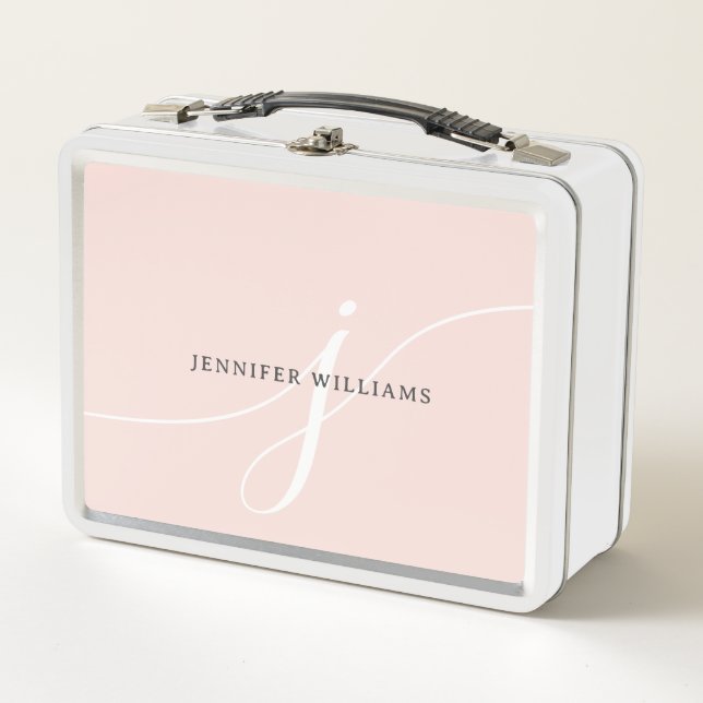 Elegant Plain Blush Pink White Script Monogram Metal Lunch Box (Front)