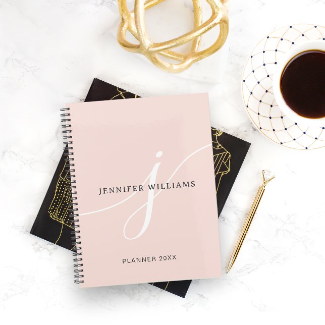 Elegant Plain Blush Pink White Script Monogram Planner (Creator Uploaded)
