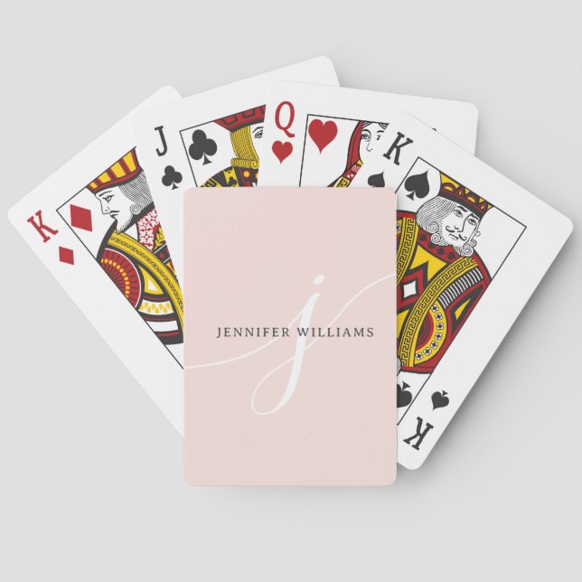 Elegant Plain Blush Pink White Script Monogram Playing Cards (Back)