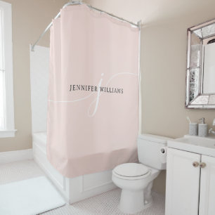 Elegant Plain Blush Pink White Script Monogram Shower Curtain