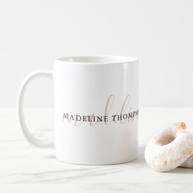 Elegant Plain Boho Neutral Beige Script Coffee Mug (With Donut)