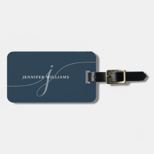 Elegant Plain Dusty Navy Blue Script Monogram Luggage Tag