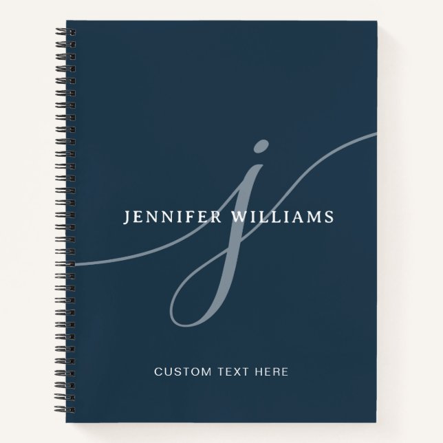 Elegant Plain Dusty Navy Blue Script Monogram Notebook (Front)