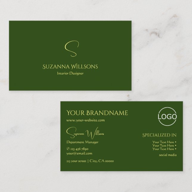 Elegant Plain Forest Green with Monogram and Logo Business Card (Front/Back)