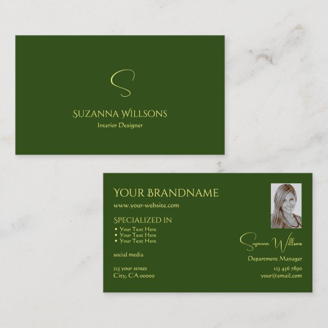 Elegant Plain Forest Green with Monogram and Photo Business Card (Front/Back)
