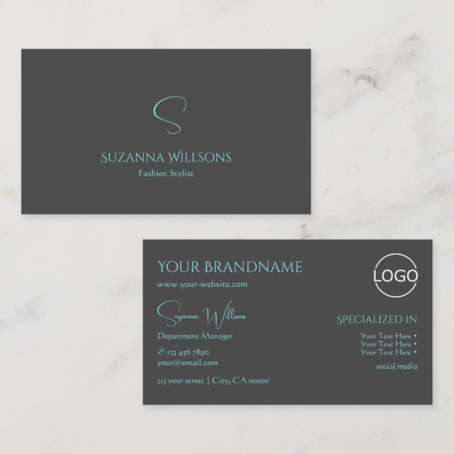 Elegant Plain Grey Teal with Monogram and Logo Business Card (Front/Back)