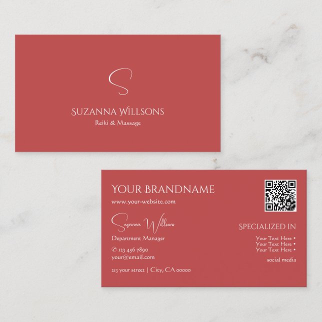 Elegant Plain Indian Red with Monogram and QR-Code Business Card (Front/Back)