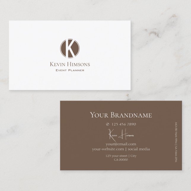 Elegant Plain White and Brown with Monogram Modern Business Card (Front/Back)