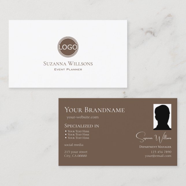 Elegant Plain White Brown with Logo and Photo Chic Business Card (Front/Back)