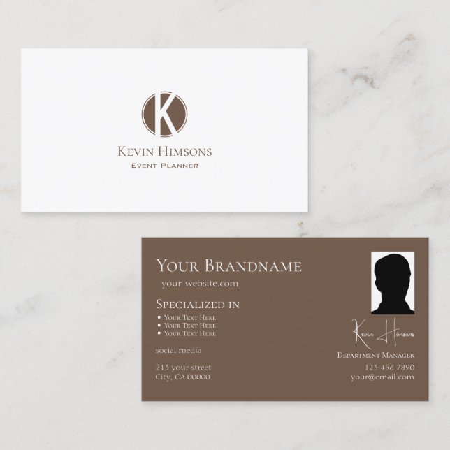 Elegant Plain White Brown with Monogram and Photo Business Card (Front/Back)