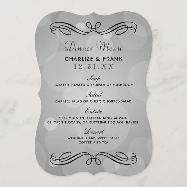 Elegant Platinum Grey and Black Wedding Dinner Menu (Front)