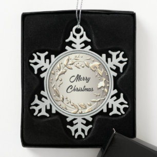 Elegant Platinum Metallic Wreath Merry Christmas Snowflake Pewter Christmas Ornament