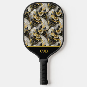 Elegant Play: Gold & Black Floral Marbleised Pickleball Paddle
