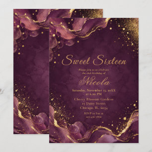 Elegant Plum and Gold Alcohol Ink Sweet Sixteen Invitation