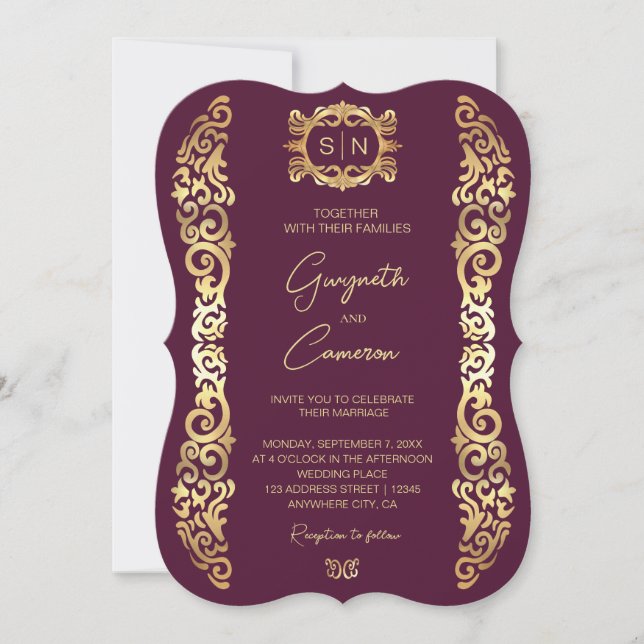 Elegant Plum and gold Frame Wedding Invitation (Front)